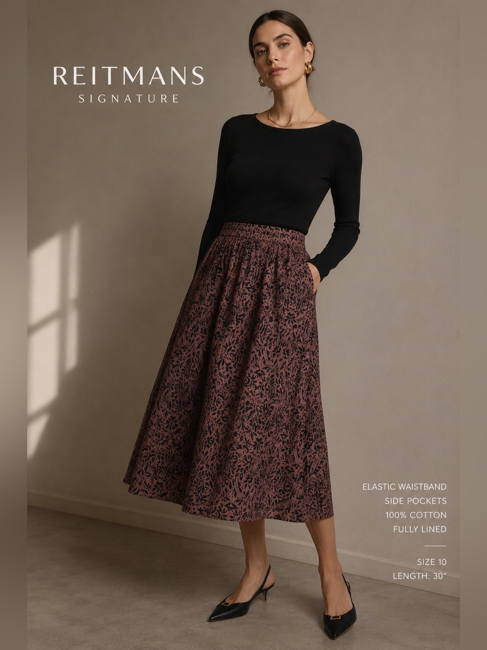 Reitmans Signature Cotton Midi Skirt Size 10 | Mauve & Black Print | Pockets - Picture 5 of 5